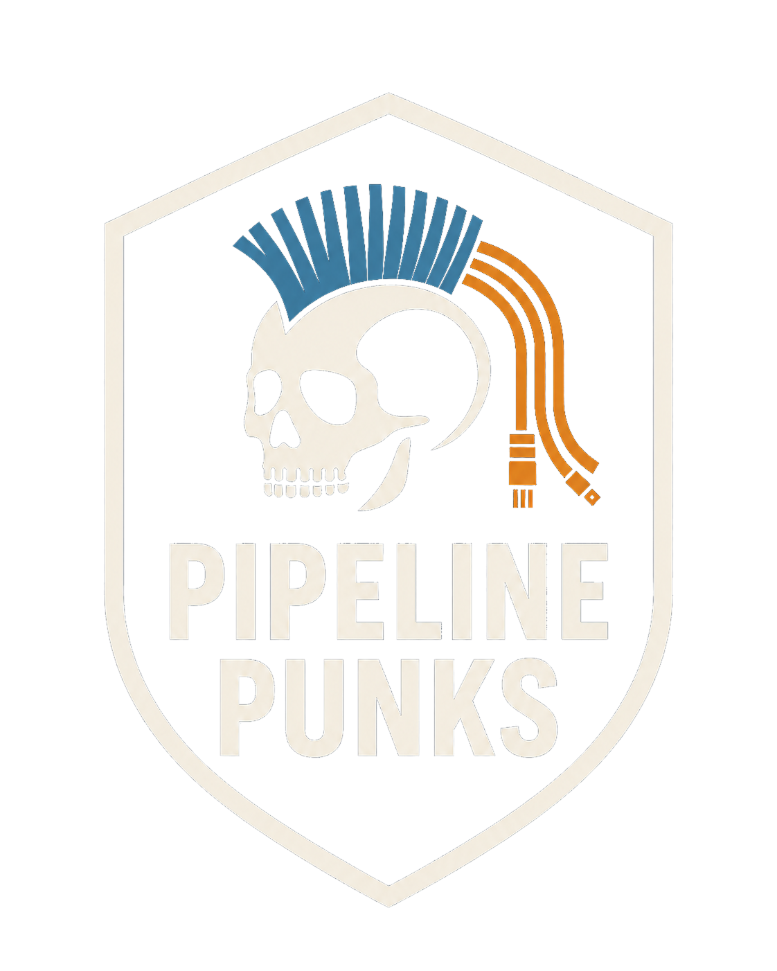 Pipeline Punks badge: bone line-work skull and shield with teal mohawk and orange data cables